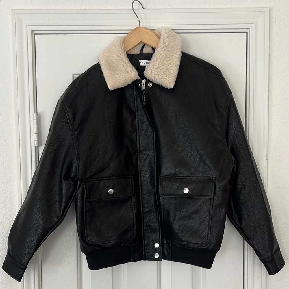 And Now This - Black Leather Jacket with Cream Collar XS
